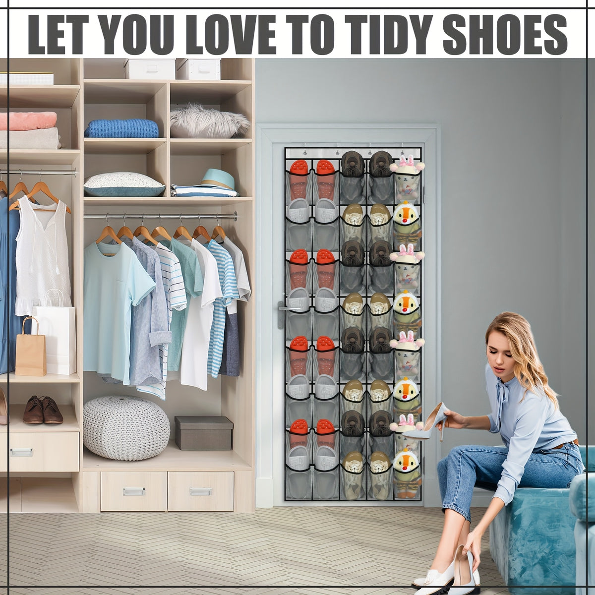 40 Pocket Door Hanging Organizer with Slip Hooks - Heavy Duty Fabric Mesh Storage Locker for Shoes, Cruise Ship Essentials, Doors and Utility Room Organizations - Space-saving Door/ Wall Hanging Organizer with 40 Clusters, Durable and Easy