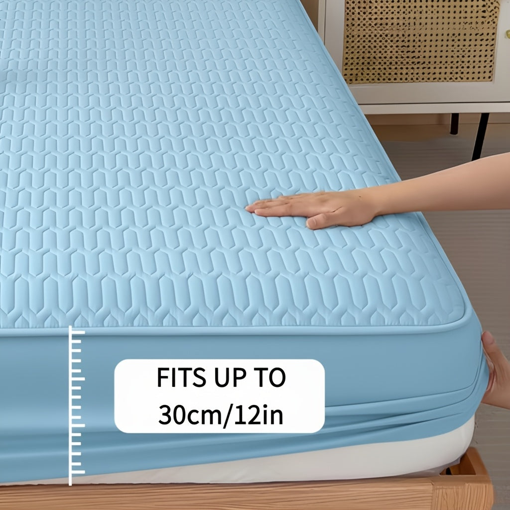 Single-Piece Waterproof Mattress Protector - Full Coverage Non-Slip Mattress Cover, 11.8-inch Thickened Fitted Cover for Twin/Full/Queen/King Beds, Available In Black/White/Grey/Blue/Pink, And Other Solid Colors(Excluding Pillowcase)