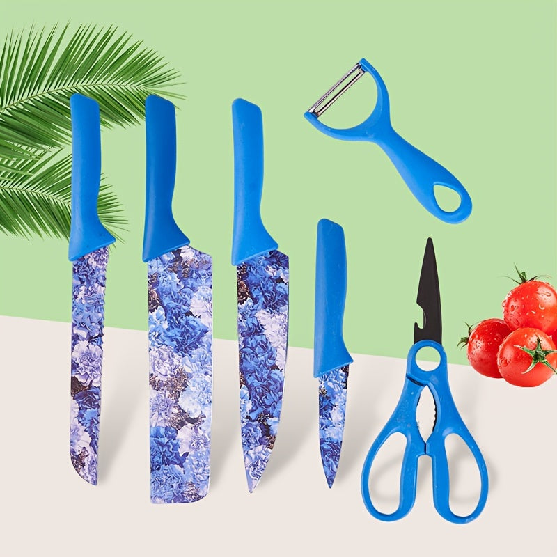 6pcs Jasmine Flower Pattern Kitchen Knife Set Colorful Printing, High Carbon Stainless Steel Blades, Ergonomic Handles, Sharp Meat Cleaver, Serrated Bread Knife, Precise Scissors, Peeler - Perfect Cooking Gifts for Women And Men, Kitchen Essentials