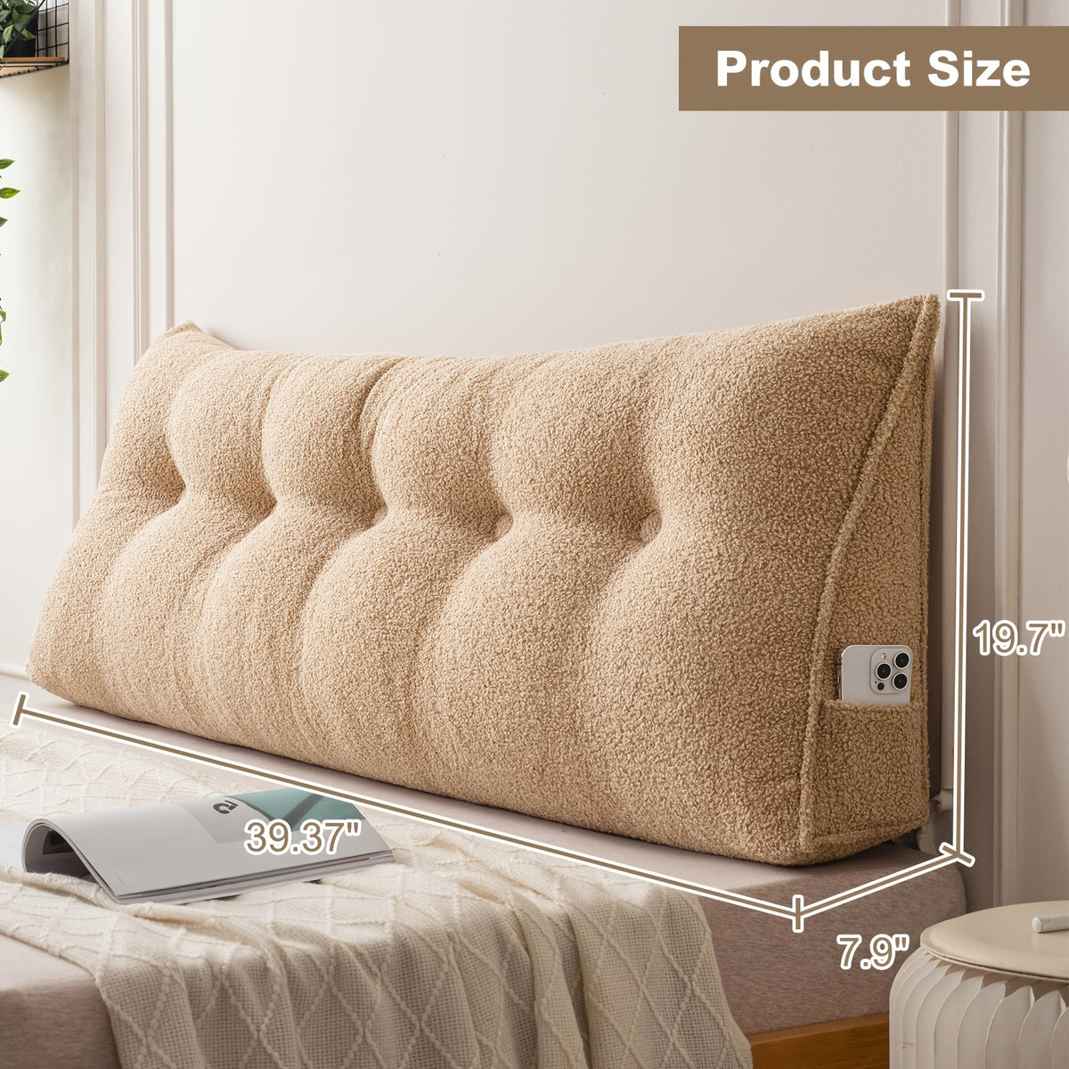 Headboard Reading Pillow, Triangular Teddy Velvet Backrest Cushion with Side Pocket and Removable Washable Cover for Twin, Queen and King Beds