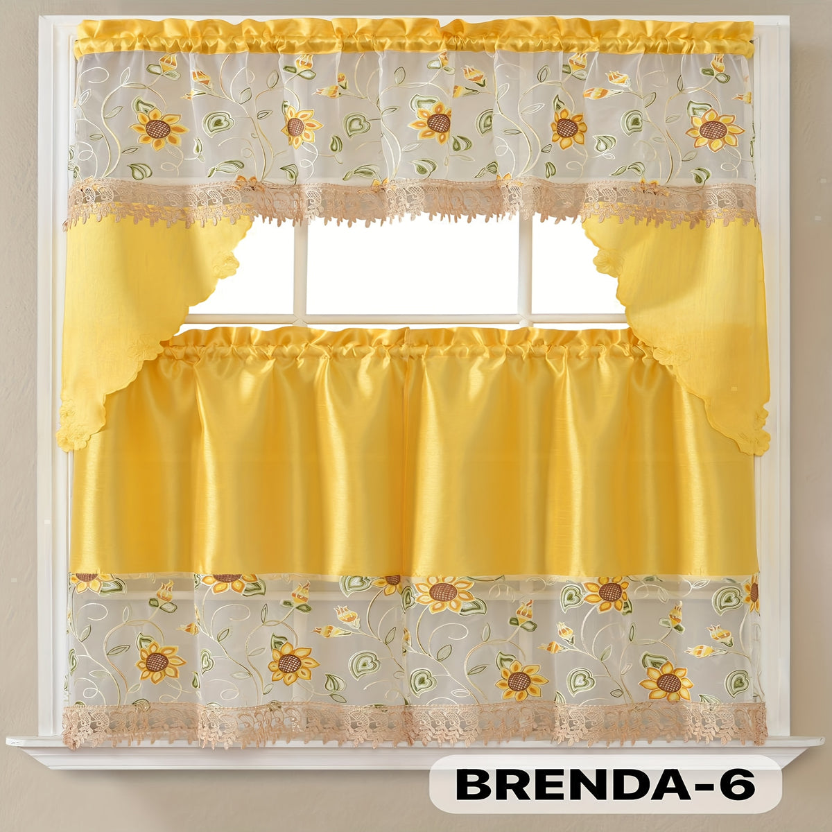 3pcs Bamboo Embroidered Kitchen Curtain Set, Floral Embroidery, Lightweight and Soft, Easy Care, Machine Washable, Satin Fabric, Embroidered