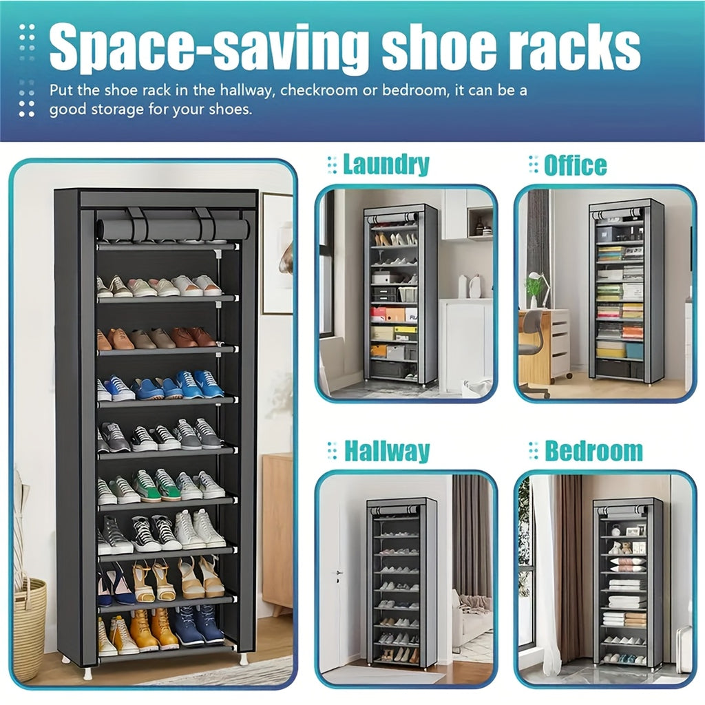 10-layer 9-compartment Large Sturdy Non-woven Shoe Cabinet, with Dust Cover Two Cloth Bags, Space-Saving Narrow Design, Easy Assembly for Entryway, Closet, Dorm, Home - Multi-Layer Combination Storage Cabinet for Cloth And Steel Shoes