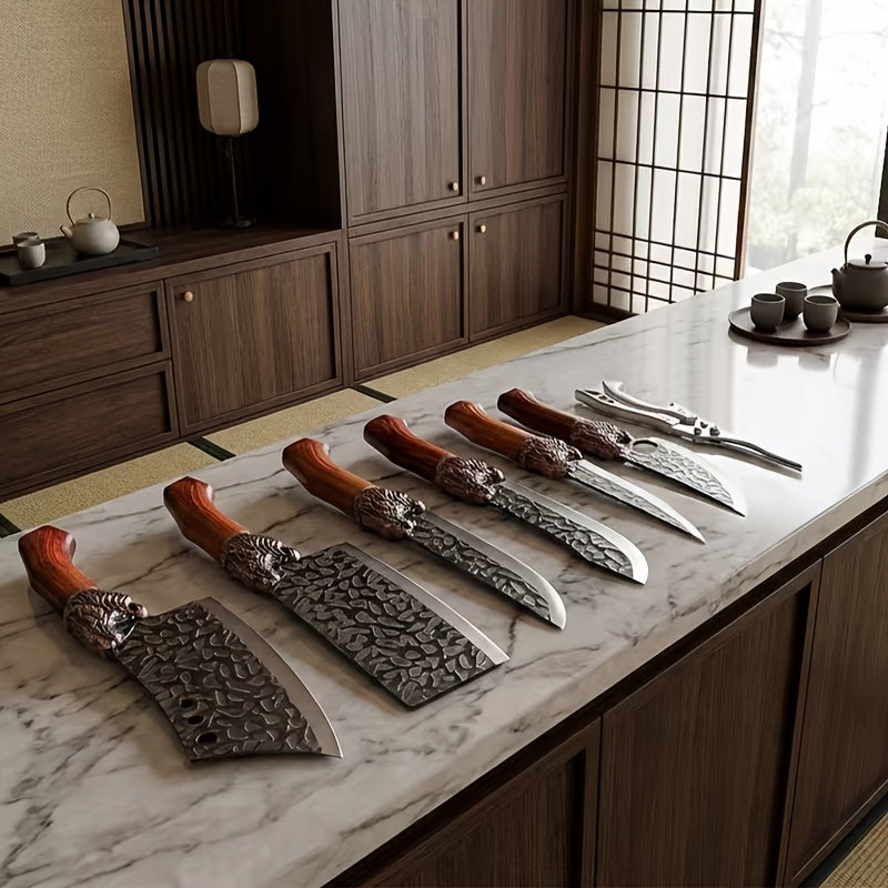 Professional Forged Stainless Steel Kitchen Knife Set(7pcs/6pcs)- Includes a Boning Knife, Slicing Knife, Carving Knife, Fish Knife, Butcher Knife, and Scissors. Suitable for Meat and Fish; Ultra-sharp and Durable Knives.