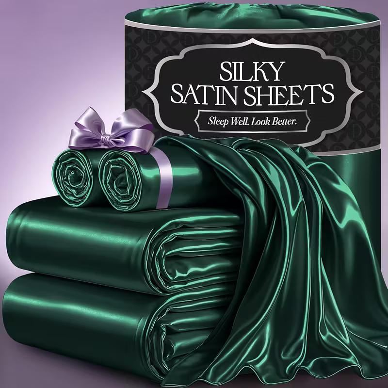 3/4pcs 2100TC Satin Sheets Queen Size Bed Set-Child Satin Bed Sheets Ultra Soft Satin Sheets Queen Set, Breathalbe Satin Bed Sheets Bed Sheets All Sizes Soft Satin Bedding for Bedroom 5 Star Luxury Hotel Experience W/ The Premium Satin Sheets