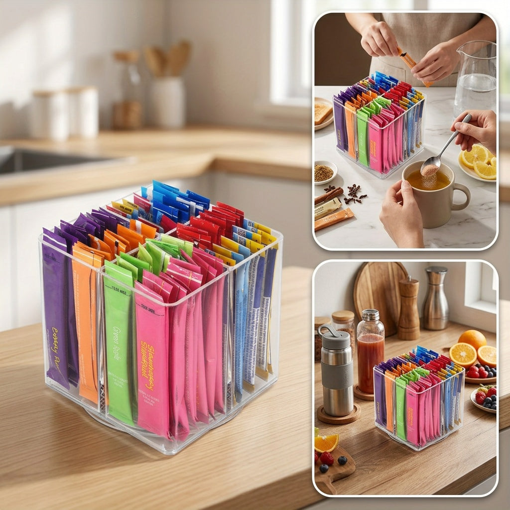 Square Rotating Storage Rack for Powdered Beverage Mixes/ Water Flavored Pouches/ Beverage Mixing Accessories Organizer