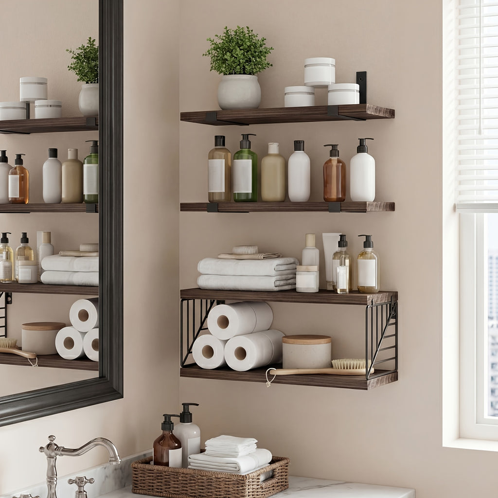 TOMNK 3/4pcs Wall Mounted Floating Storage Rack, Rustic Wood Wall Shelf with Guardrail, Multifunctional Display Unit for Bedroom, Living Room, Bathroom And Kitchen