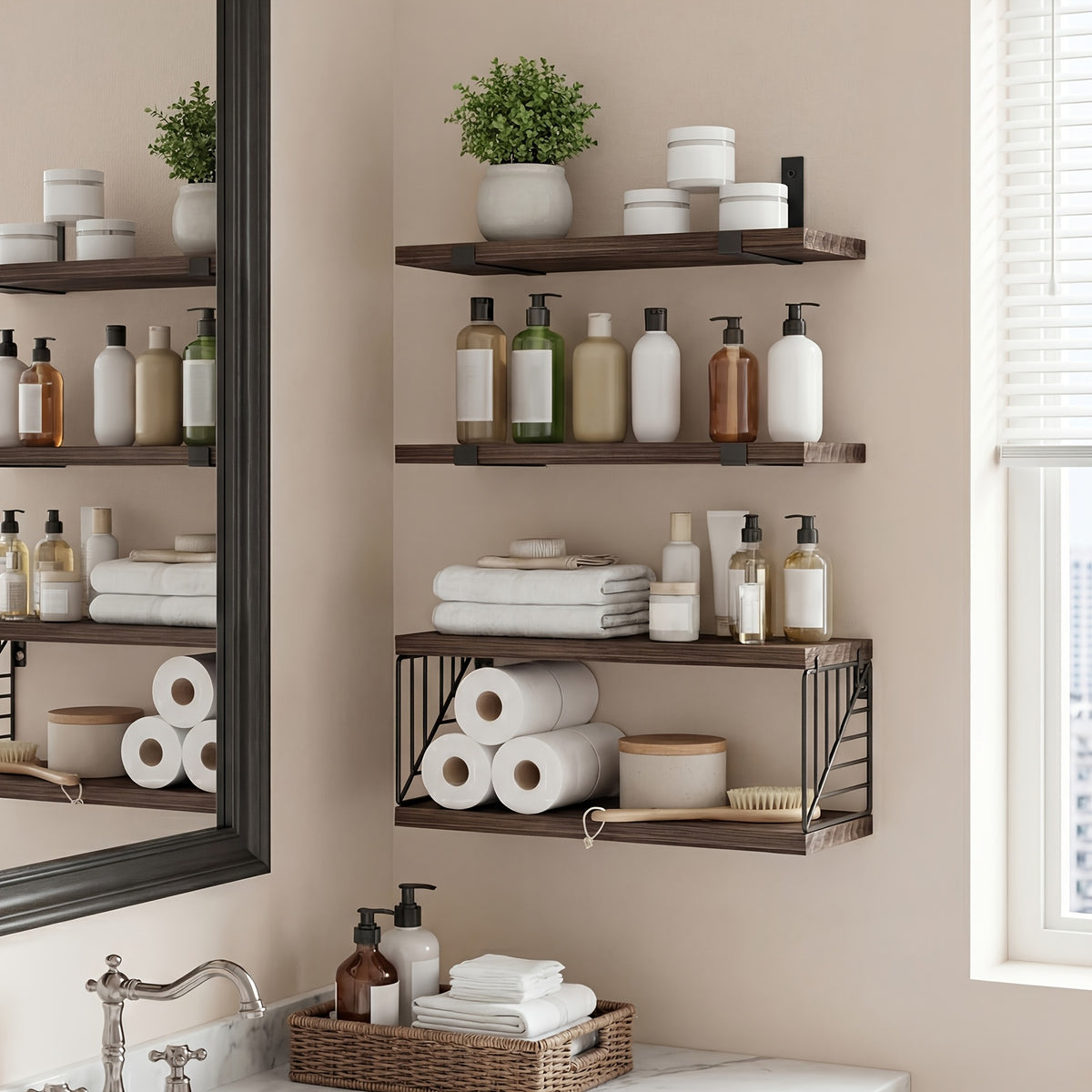 TOMNK 3/4pcs Wall Mounted Floating Storage Rack, Rustic Wood Wall Shelf with Guardrail, Multifunctional Display Unit for Bedroom, Living Room, Bathroom And Kitchen