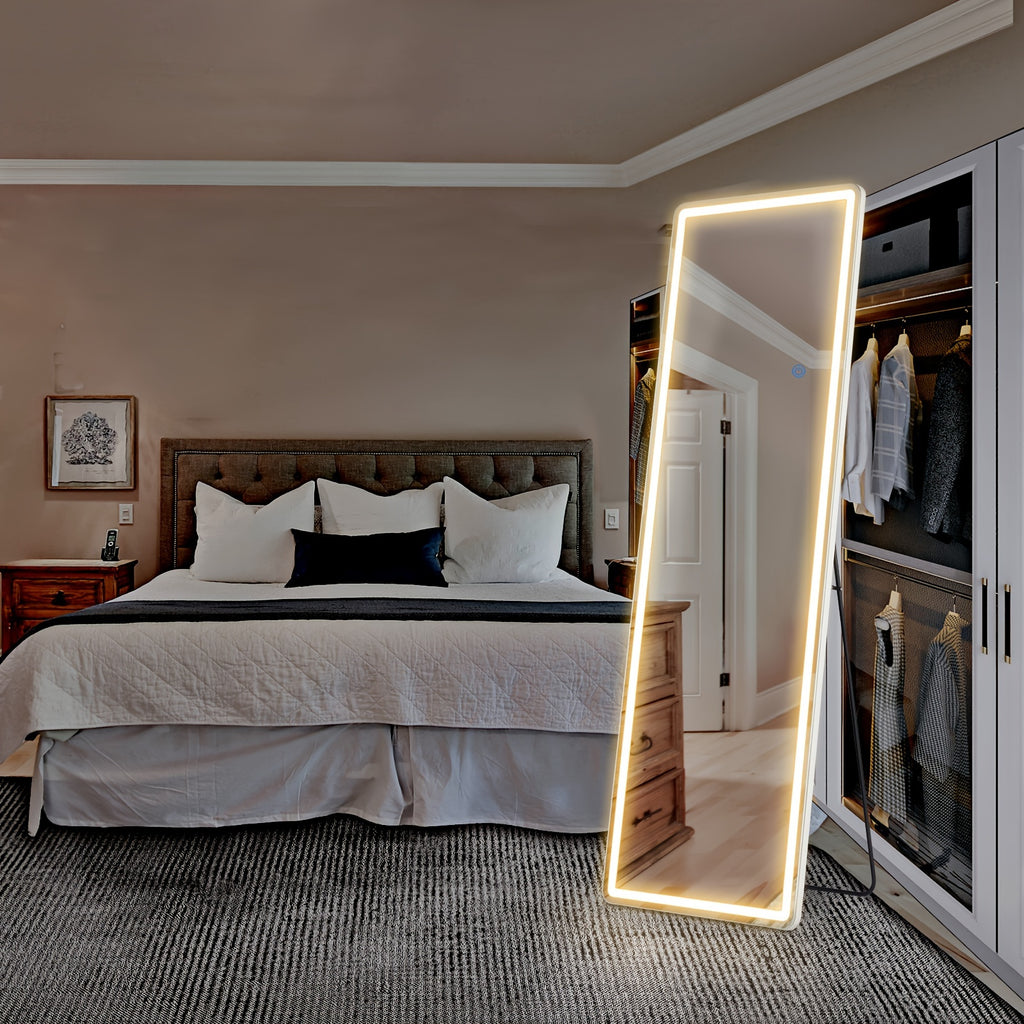 Full Length Standing Mirror with LED Style Options, Slim Aluminum Alloy Frame in Arched or Rectangular Designs for Bedroom Dressing and Home Decor