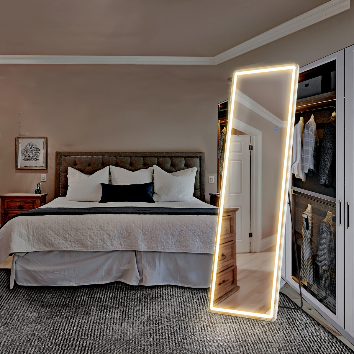 SMUG 64 X 21 Inch Mirror Full Length Standing Mirror with LED Lights, Lighted Floor Mirror with Stand, W/Dimming And 3 Color Lighting, Wall Mirror Full Length Aluminum Alloy Thin Frame