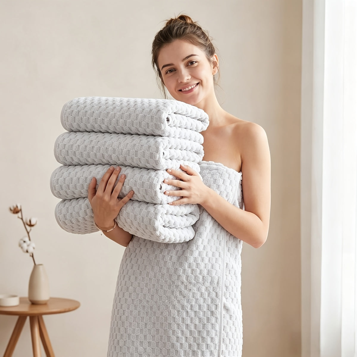 [5pcs Coral Fleece Towels] 5pcs Coral Fleece Bath Towel Set, 4 Soft Absorbent Bath Towels 27" X 55" with Hair Drying Cap, Quick Dry Plush Towels with Hanging Loop for Bathroom, Shower, Home