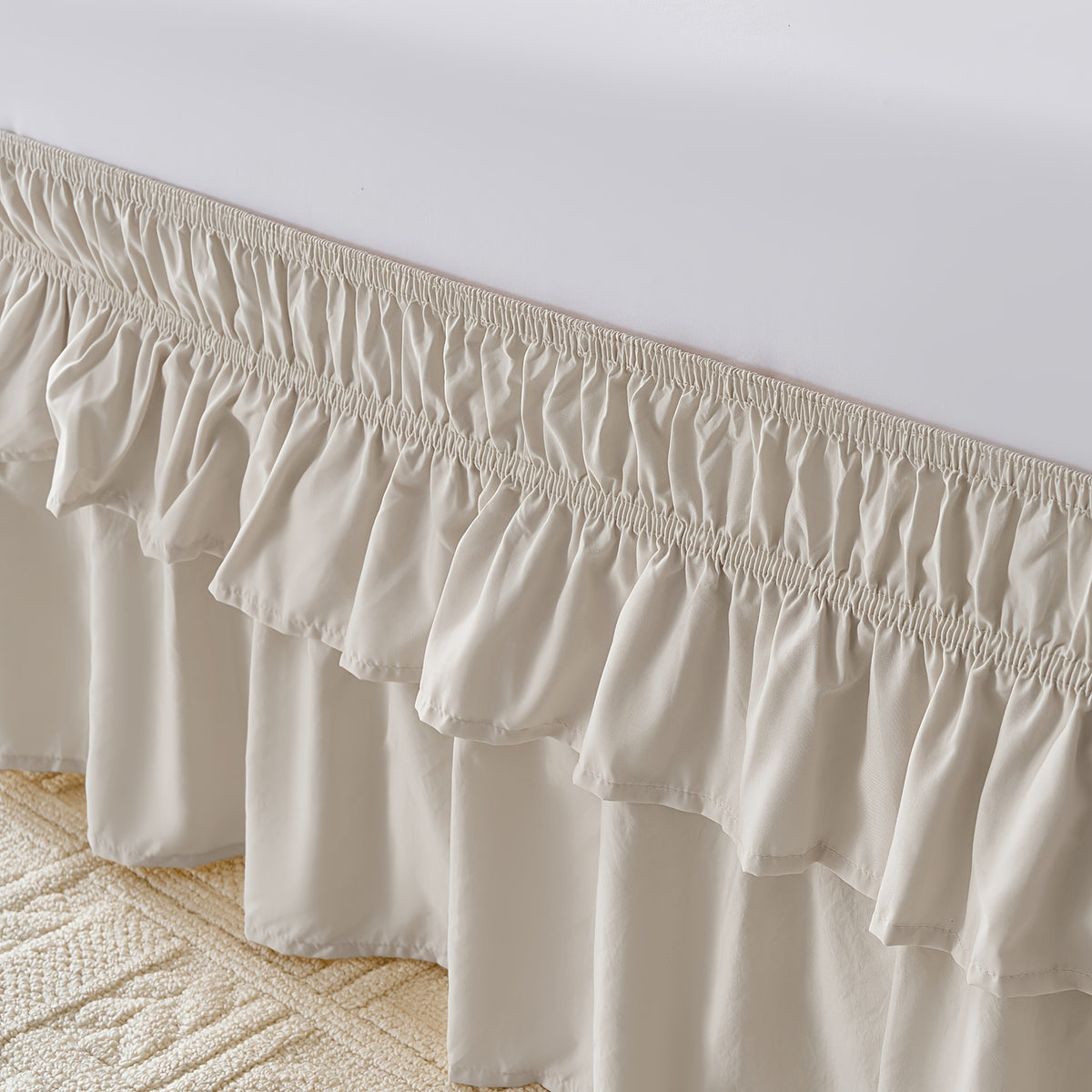 Double Ruffle Bed Skirt 16 Inch Drop, Elastic Wrap Around Bed Skirts For Twin Full Queen King Size Bed, Easy To Install Dust Ruffle, Machine Washable Soft Fabric, Multi Ruffle Bedskirt For Bedroom Bedding Home Decor