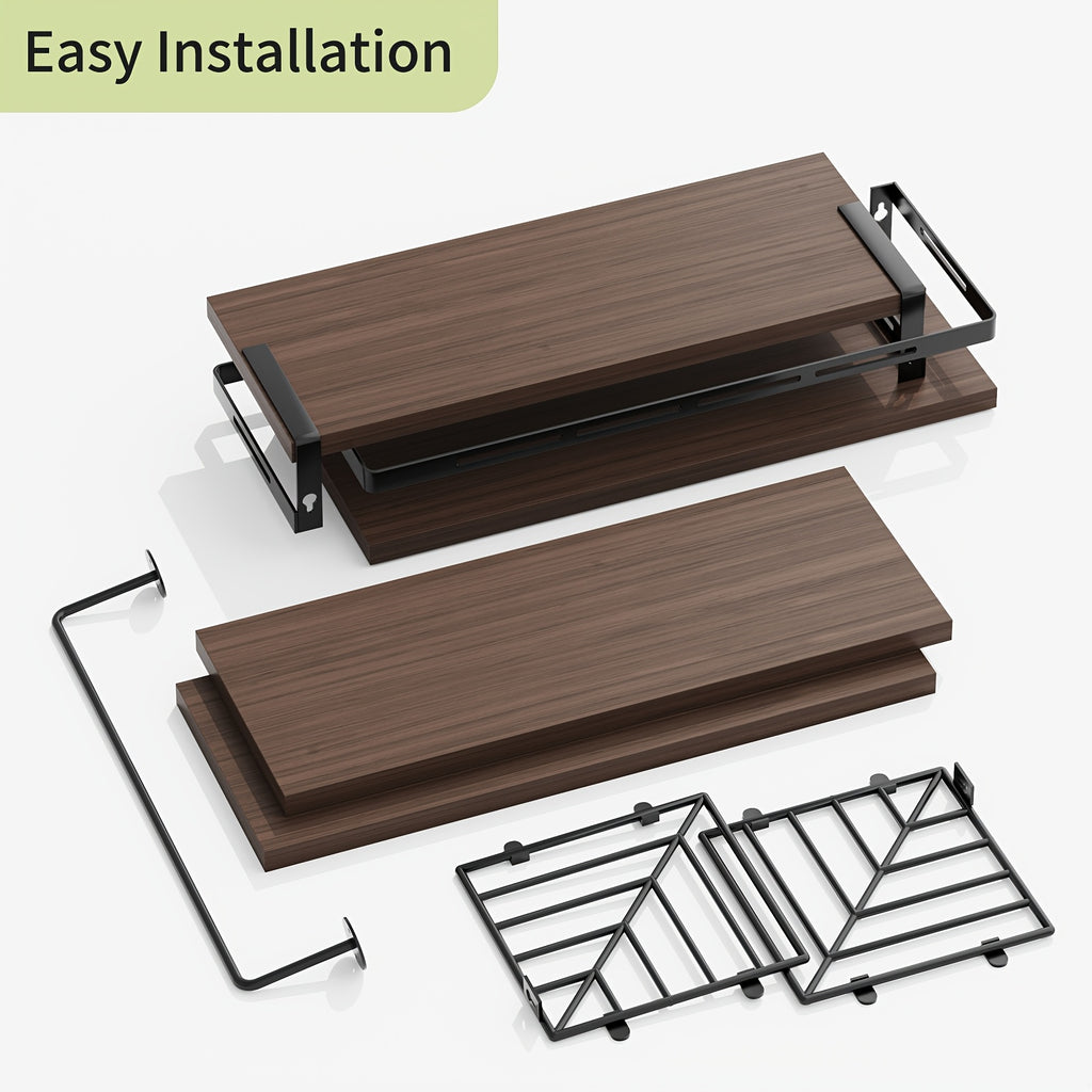 TOMNK 3+1 Tier Wall-Mounted Shelf with Black Metal Guardrails and Storage Baskets, Sturdy and Durable, Space-Saving, Multi-Functional Home Decor, Suitable for Kitchen, Bathroom, Bedroom, Living Room, Small Indoor Spaces, Wall Decoration