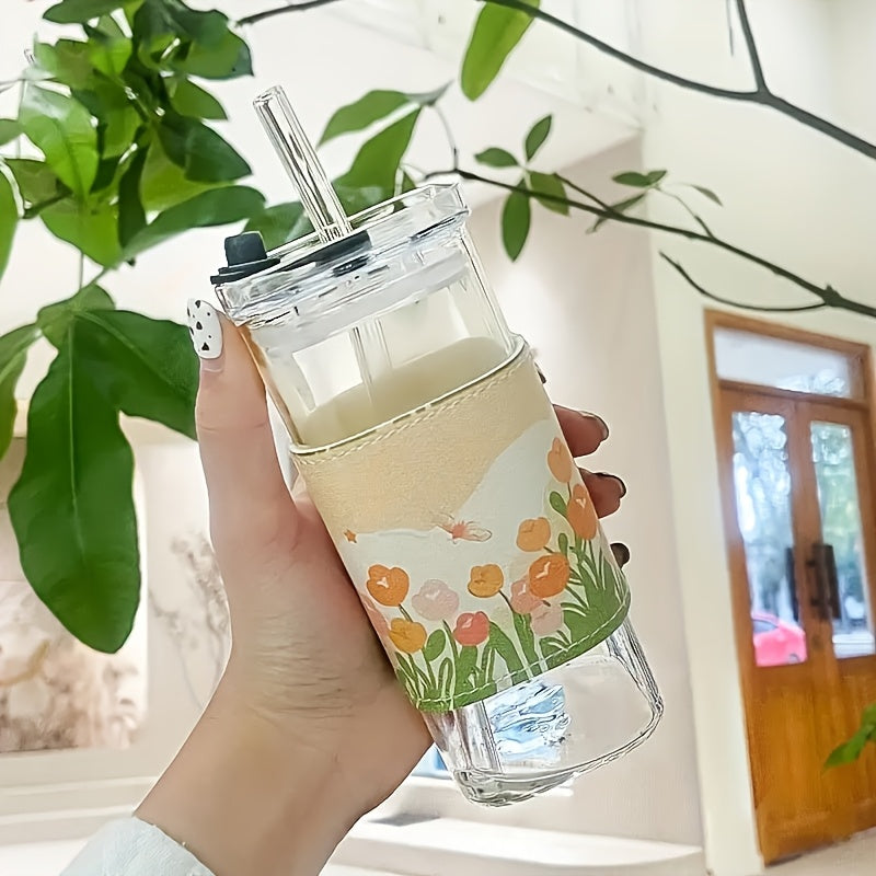 4/6/8pcs Square Glass Cups with Lids, 13oz, Perfect Coffee Cups, Include Straws, Gift for Cup Collectors, Great for Office, Home, School, And Outdoor Use, Weddings, BPA-Free, Comes with Cleaning Brush Tool