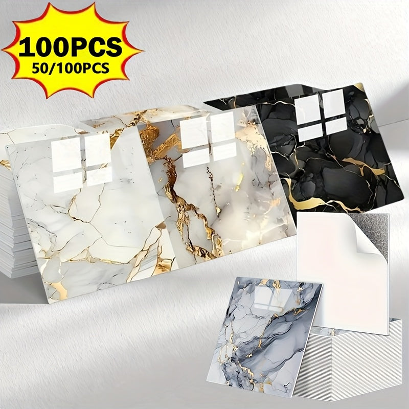 50/100pcs Stick Shower Tiles, Waterproof PVC Wall Panels, Marble Wall Tiles Self Adhesive Vinyl Backdrop for Bathroom, Kitchen, Living Room, Easy Peel & Stick, Ideal for TV Backdrop, Bathroom Wallpaper, Modern Wall Decor, Easy Installation