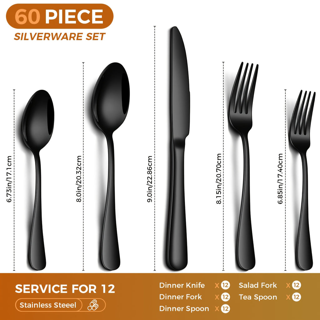 60pcs Black Silverware Set, Stainless Steel Flatware Cutlery Set Service for 12, Tableware Eating Utensils Include Knives/Forks/Spoons, Mirror Polished, Dishwasher Safe