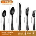 60 Piece Silverware Set for 12, Mirror Polished Stainless Steel Flatware in Black or Silver with Knives Forks and Spoons for Everyday Dining and Holiday Tables