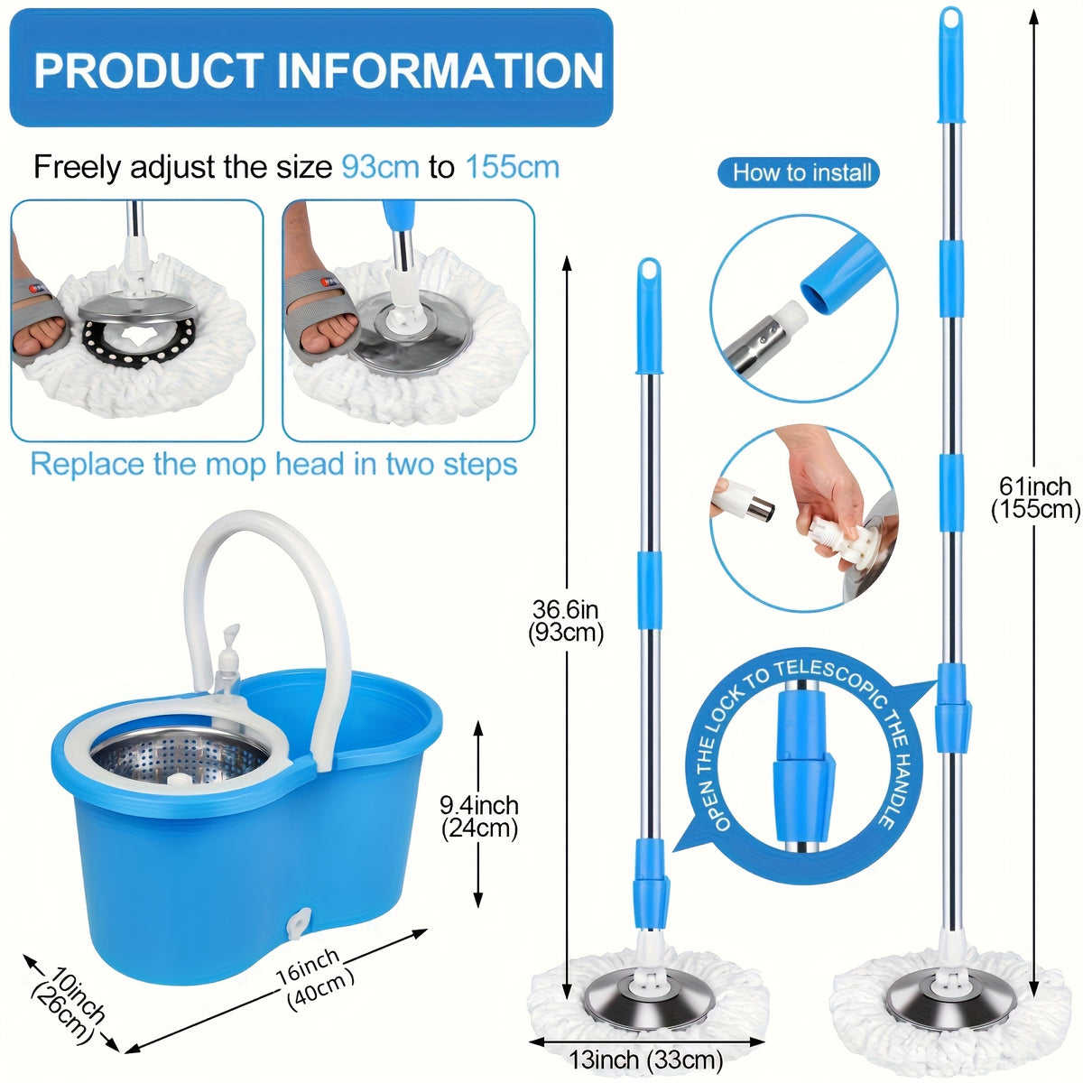 Mop Bucket Set, Spin Mop And Bucket And Wringer Set, Bathroom Mop Bucket, 360° Spin Mop Bucket System with 3 Microfiber Mop Replacement Heads And 61 Inch Adjustable Handle for Floor Cleaning, Holiday Cleaning, Christmas Cleaning