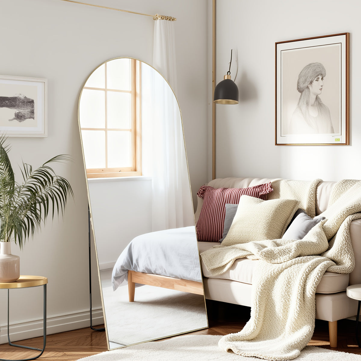 Arched/Rect Full Length Mirror, Full Body Mirror with Stand, Freestanding, Hanging or Leaning for Wall, Steel Alloy Thin Frame Floor Standing for Hotels and Bathrooms