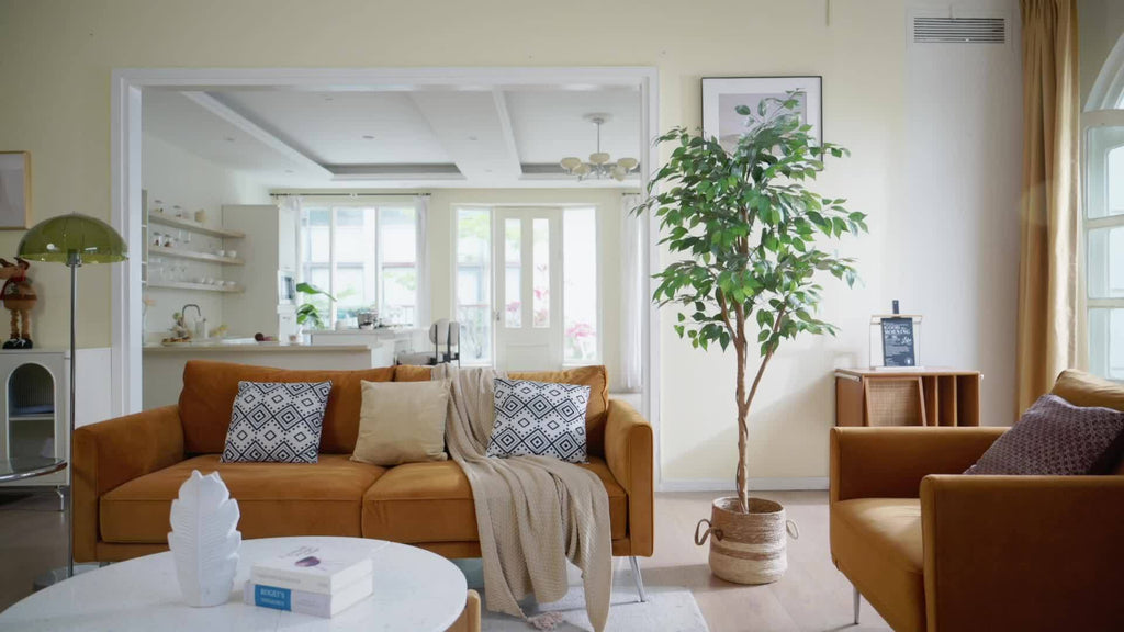 Tall Artificial Ficus Tree - Fake Greenery Potted Plant with Natural Wood Trunk And Lifelike Leaves-Elegant Indoor Outdoor Living Room Home Decor