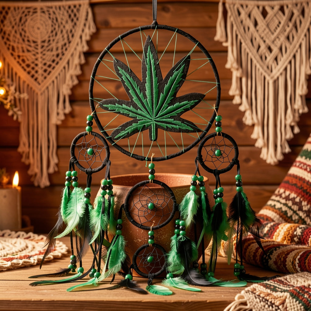 Bohemian Leaf Embroidered Dream Catcher with Feathers & Leaf Pot - Fabric Weed Gift for Women/Men, -Themed Tale Decor for Christmas, Bedside, or Cabin (Embroidery, Not Smokeable)