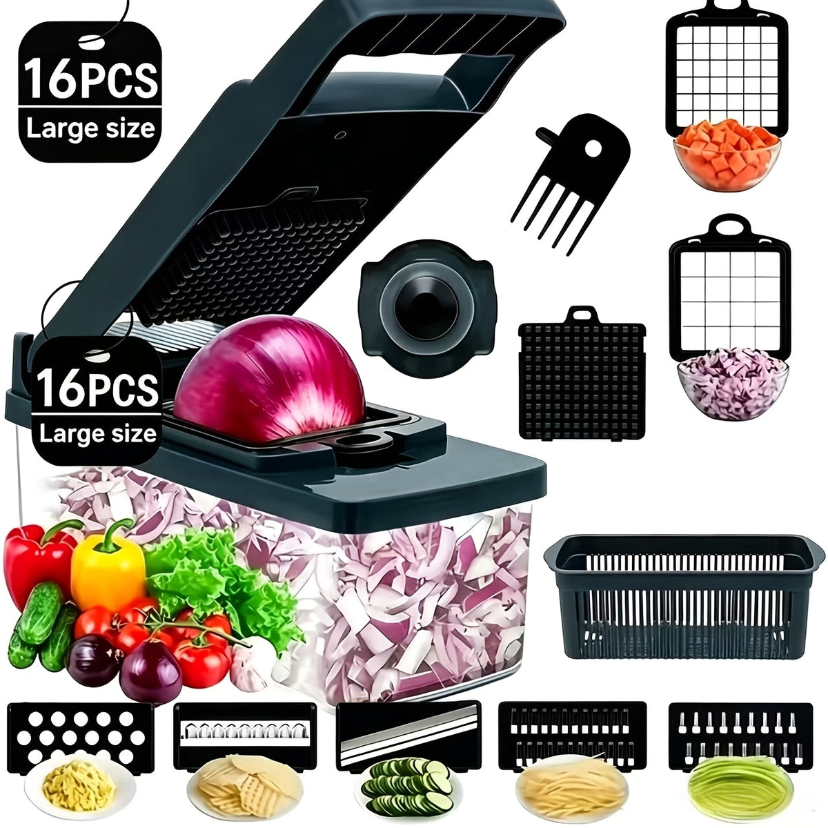 22pcs/16pcs Vegetable Chopper: Multifunctional Food Slicer Dicer Cutter With 8 Blades, Grey Container Included Convenient Cutting Of Food In The Kitchen