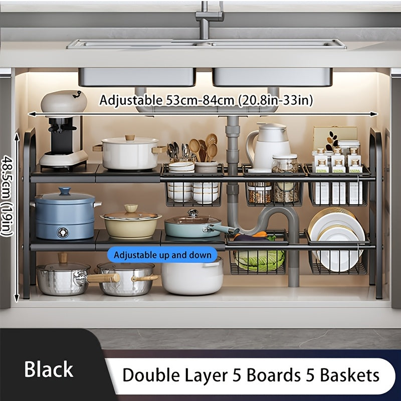 Kitchen Storage Rack, Bathroom Storage Rack, 1 Expandable Under Sink Organizer & Locker 2 Tier Cabinet Shelf Organizer with 5 Removable Panels 5 Baskets for Under Kitchen Bathroom Sink Organizer & Storage.Thanksgiving And Christmas Gifts