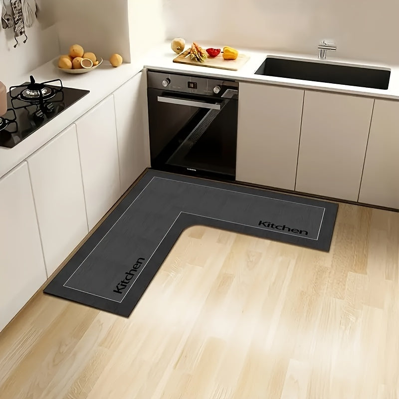 Kitchen mat with "Kitchen" text - Non-slip backing, ultra-soft microfiber, striped and solid colors, irregular shape. Suitable for entryways and dining area entrances - Easy to clean home decor, modern kitchenware style, machine-made for durability