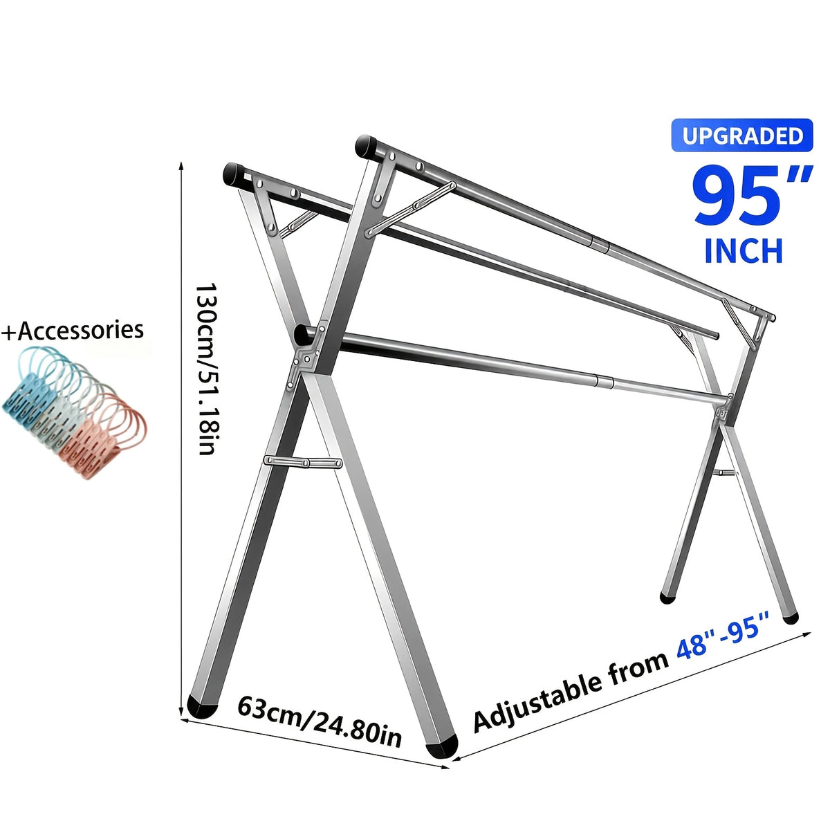 A Versatile Clothes Drying Rack Available in Three Sizes, 63", 78.7" And 95", Designed for Both Indoor And Outdoor Use. This Durable Metal Rack Is Collapsible And Features a Heavy-Duty Stainless Steel Clothesline, Drying Racks