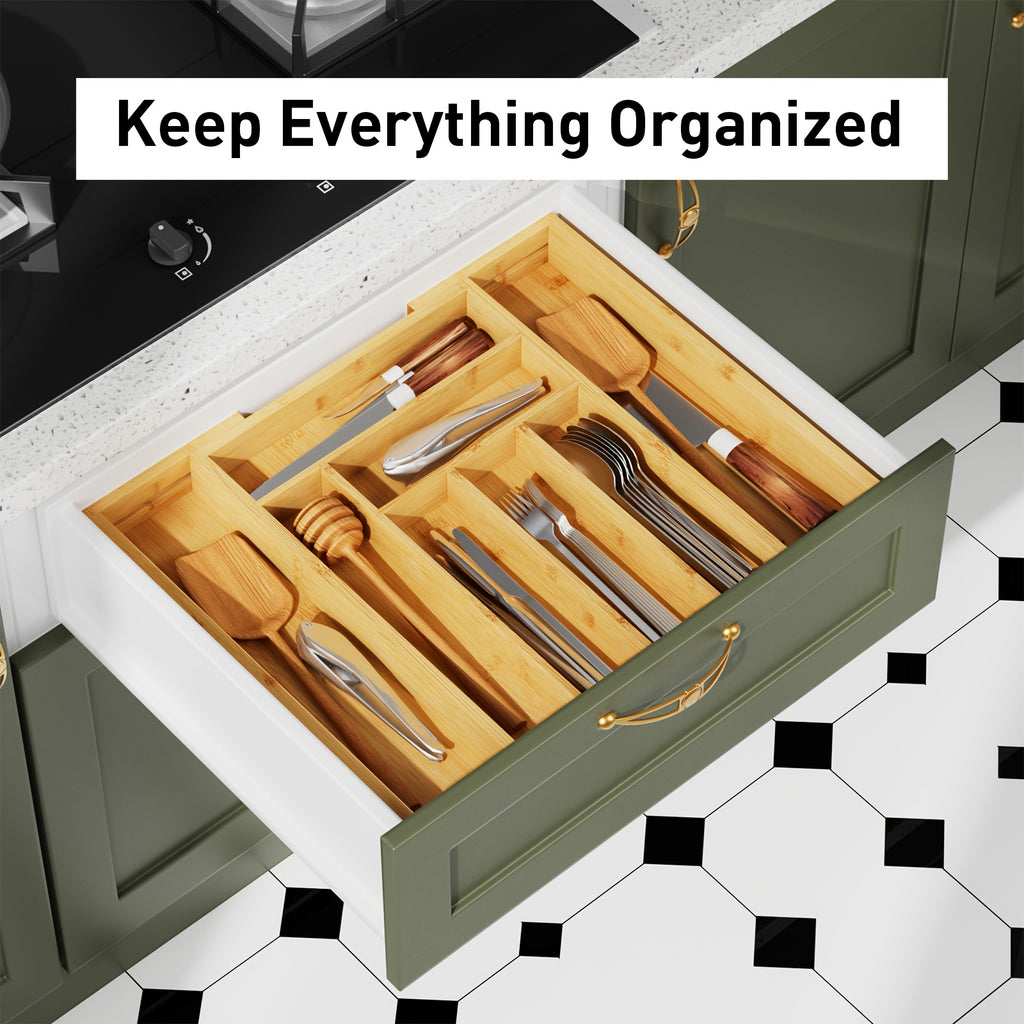Versatile Bamboo Expandable Drawer Organizer for Cutlery, Adjustable Tray, Wooden Drawer Dividers for Organizing Silverware, Cutlery And Knives in The Kitchen, Bedroom Or Living Room