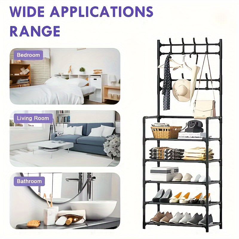 Multifunctional 5-Tier to 3-Tier Shoe Rack, Freestanding Shoe Organizer, Shoe Storage And Organizer, Shelves, with Multi-Layer Storage And 8pcs Double Hooks, Suitable for Living Room, Bedroom, Entrance