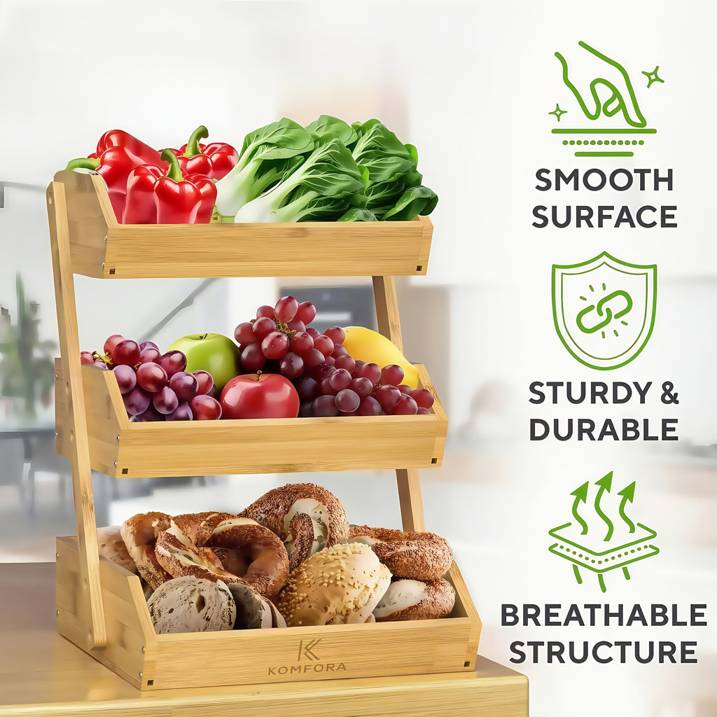 3/2-Tier Wooden Fruit Basket Stand - Large Capacity Kitchen Organizer with Open Slat Design for Vegetables, Bread & Produce | Multi-Level Countertop Storage Shelf - Easy Assembly & Natural Wood Finish