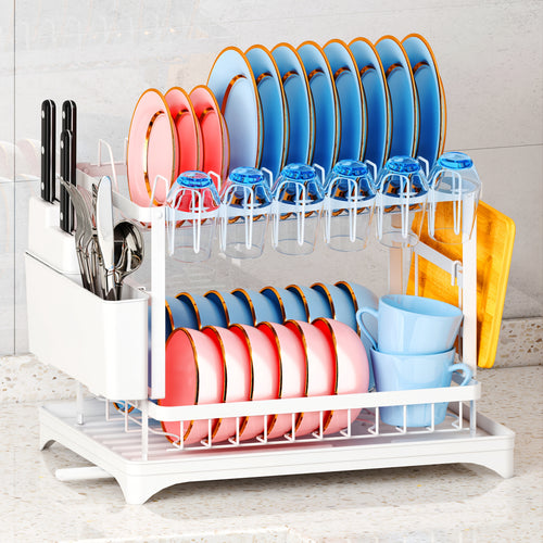2-Tier Dish Drying Rack with Utensil Holder and Drainboard, Rustproof Metal Countertop Dish Organizer in Black or White for Family Kitchens