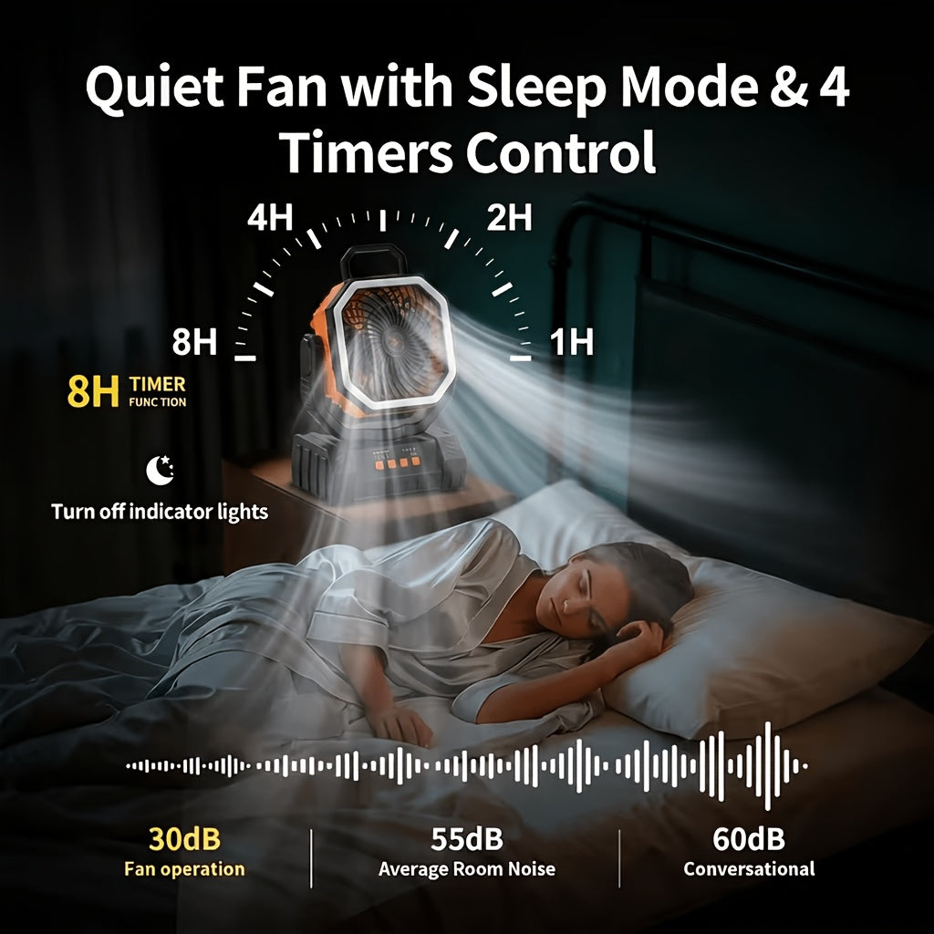 Portable Camping Fan with LED Light 20000Mah Rechargeable Battery Remote Control And Oscillating Function, 4 Wind Speeds, 90° Oscillation, 1-8 Hour Timer, Remote Control Included. Suitable for Indoor And Outdoor Use, Tents, Travel