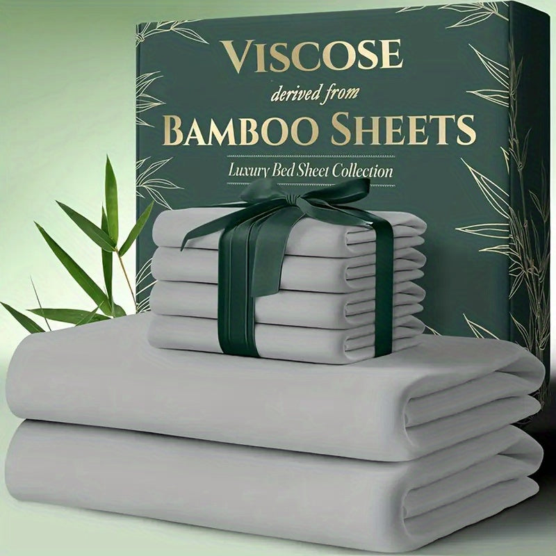 Extra Deep Pocket Bamboo Sheets - 4/6pcs Breathable & Cooling Bamboo Bed Sheet Set, Hotel Luxury Fitted Sheet Set, Soft Wrinkle-Free for Extra Deep Mattresses, Room Decor, Twin/Full/Queen/King Size Sheet & Pillowcase Sets
