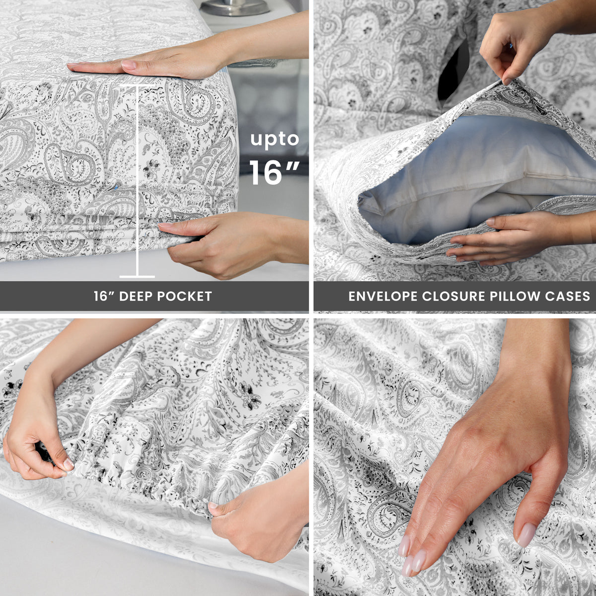 Paisley Bed Sheet Set, Soft Double Brushed Microfiber Bedding with 16-Inch Deep Pocket Fitted Sheet and Pillowcases in Six Sizes for Bedroom Comfort