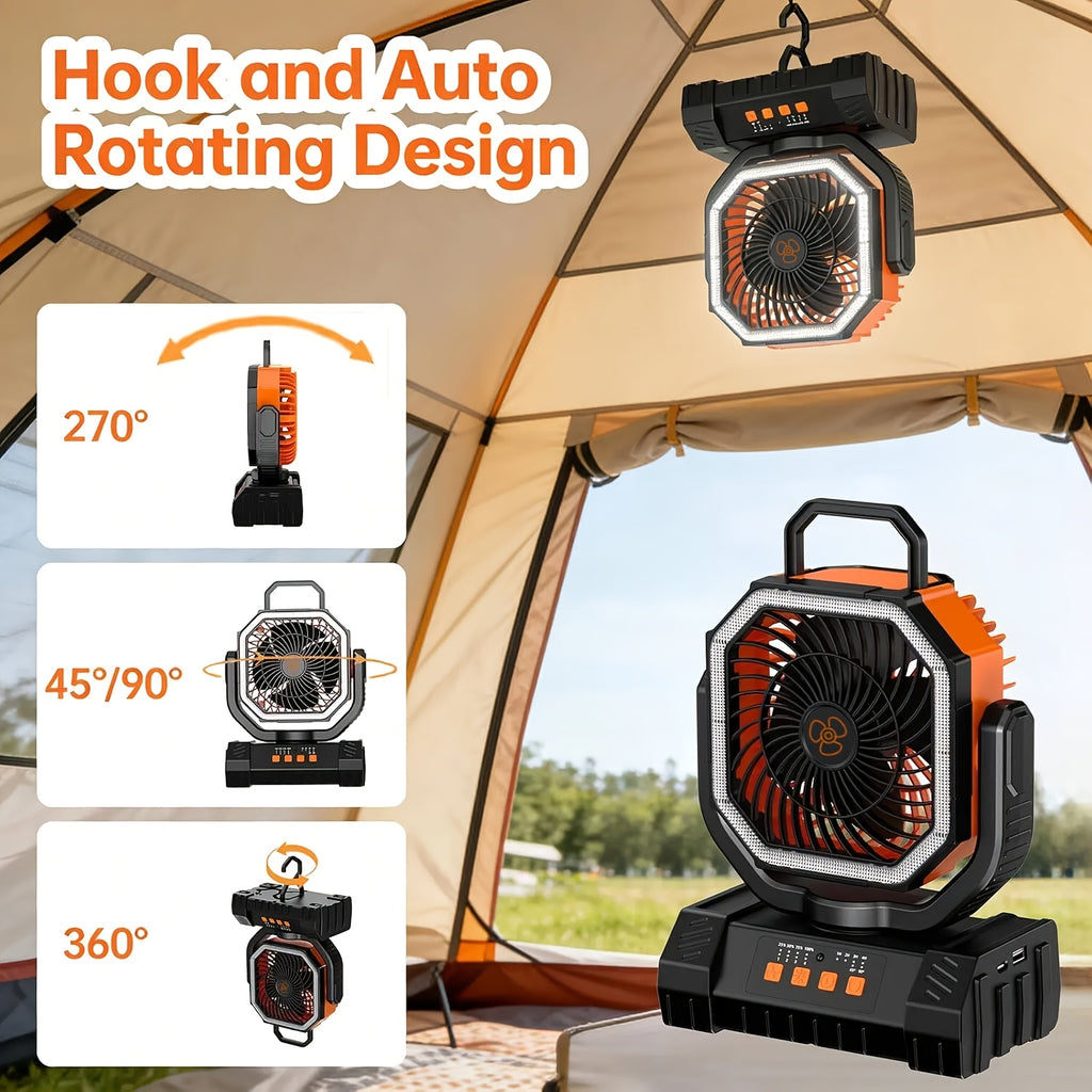 Portable Camping Fan with LED Light 20000Mah Rechargeable Battery Remote Control And Oscillating Function, 4 Wind Speeds, 90° Oscillation, 1-8 Hour Timer, Remote Control Included. Suitable for Indoor And Outdoor Use, Tents, Travel