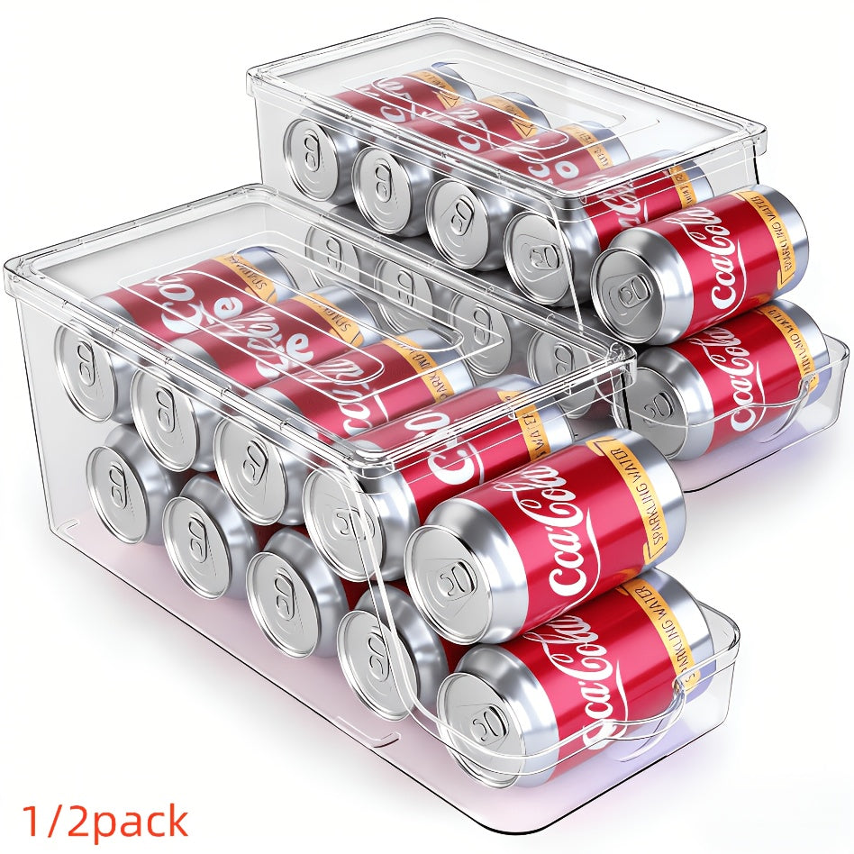 1/2 Pack Soda Can Organizer for Refrigerator Stackable Can Holder Dispenser with Lid for Fridge, Pantry, Freezer, Holds 9 Cans Each, Bpa-Free, Clear Design