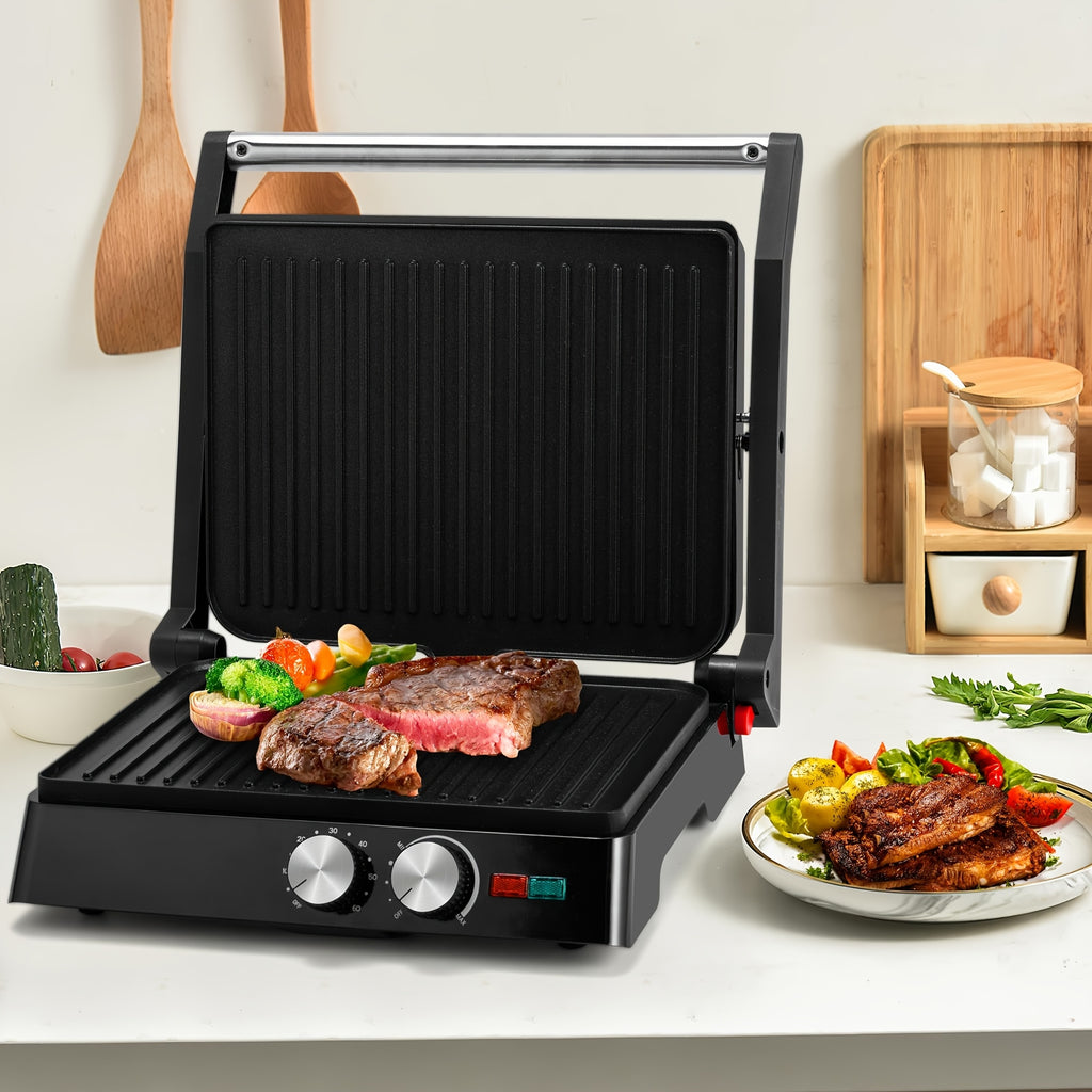 3-in-1 Electric Indoor Grill - Panini Press With Non-Stick Cooking Plates, Opens 180-Degree Gourmet Sandwich Maker, Floating Hinge Fits All Foods, Panini Press Grill With Grease Tray
