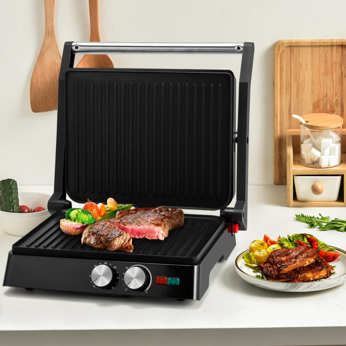 3-in-1 Electric Indoor Grill - Panini Press With Non-Stick Cooking Plates, Opens 180-Degree Gourmet Sandwich Maker, Floating Hinge Fits All Foods, Panini Press Grill With Grease Tray