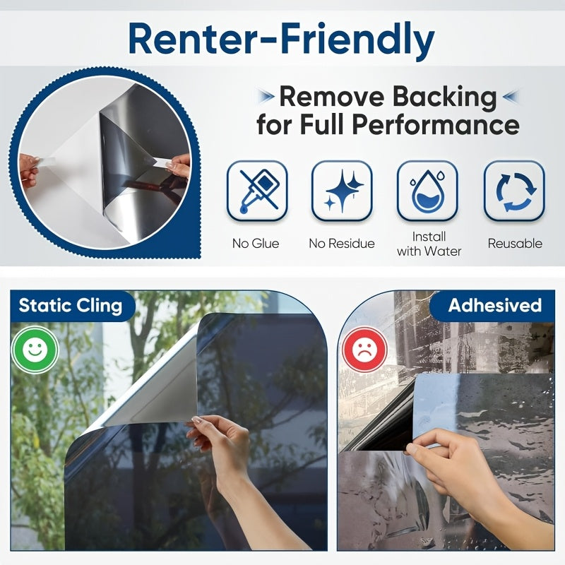 Large One-Way Privacy Window Film for Home And Office Windows. Features Electrostatic Adhesion - No Glue Required - And Provides Protection, Sunshade, And Heat Insulation. Holiday Decorations. Bonus Gifts: Spray Bottle, Measuring Tape, And Squeegee