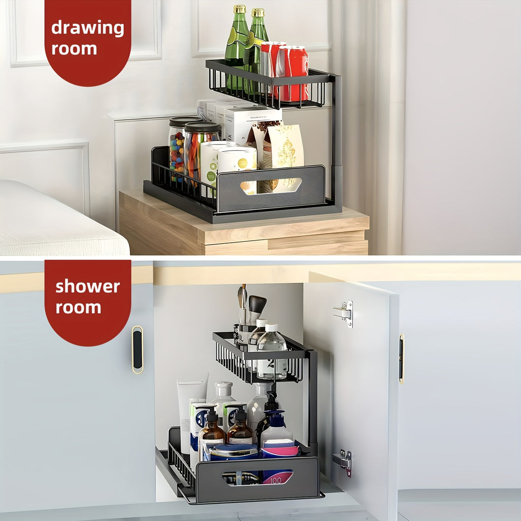 2-story Kitchen Sink Storage Containers, Push-pull Cabinet Organizer, Kitchen and Bathroom Organizers and Storage, Study, Tabletop, Metal Sliding Drawers, Practical and Convenient Kitchen Accessories Essentials, Kitchen Organizers and Storage