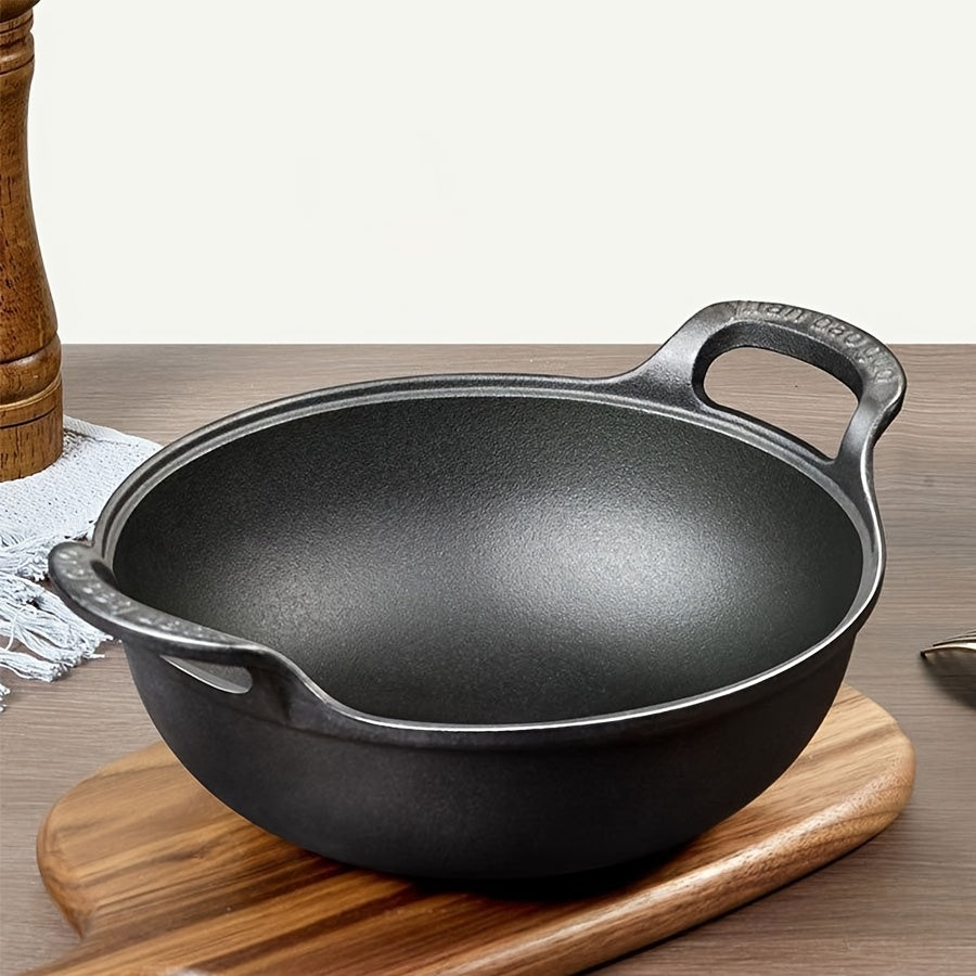 5 Sizes Cast Iron Wok, 7.87/ 9.84/ 10.62/ 11.81/ 12.59in Heavy-Duty Cast Iron Skillet, Traditional Uncoated Deep Stir-Fry Pan, Multi-functional Kitchen Cookware, Durable Cooking Pot with Dual Handles, Grilling Steaks & Baking, Ideal for Home, Outdoor