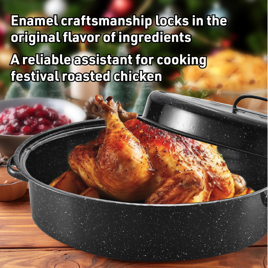 Granite Enamel Roasting Pan with Lid, Large Nonstick Carbon Steel Turkey Roaster for Oven, Chicken Roasting Pan, Soup Stew Bakeware,Black/Red Cooking Soup Pot