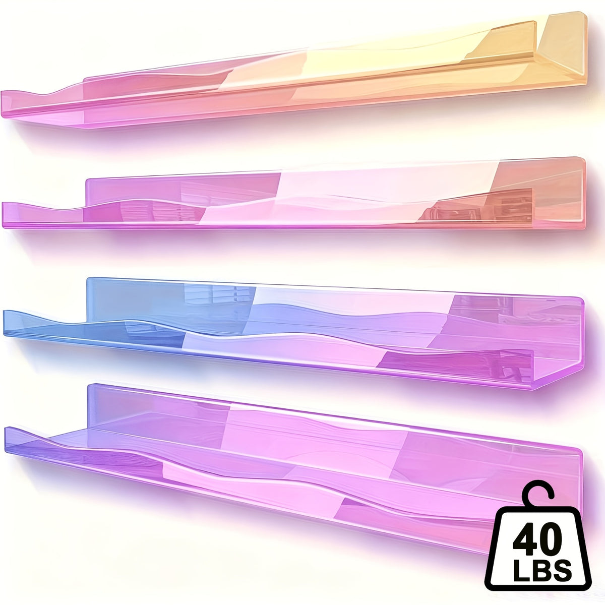 Iridescent Acrylic Floating Shelves, Colorful Wall Mounted Nail Polish and Cosmetics Display Racks in 2 or 4 Piece Options for Bathroom, Bedroom and Salon
