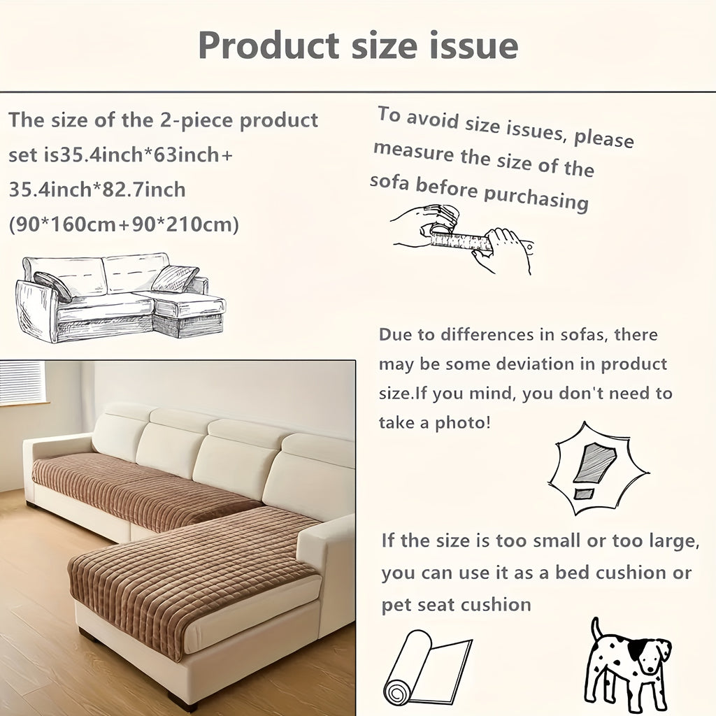 2pcs Quilted Sofa Cover, Flannel Velvet Polyester Jacquard, 450-500 g/㎡, Soft Durable Pet-friendly, Machine Washable, for Living Room Bedroom Office Home Decor