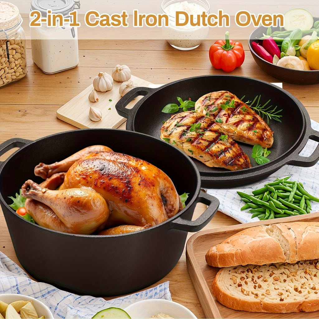 7QT Hand-built 2-in-1 Cast Iron Cookware Set (5.1QT Dutch Oven + 1.9QT Skillet) Dual-Purpose Holiday Cooking Kit For Stove, Induction, Oven, Campfire, With 2 Handles Outdoor BBQ &Indoor Make Sourdough Bread, Frying, Baking, Camping