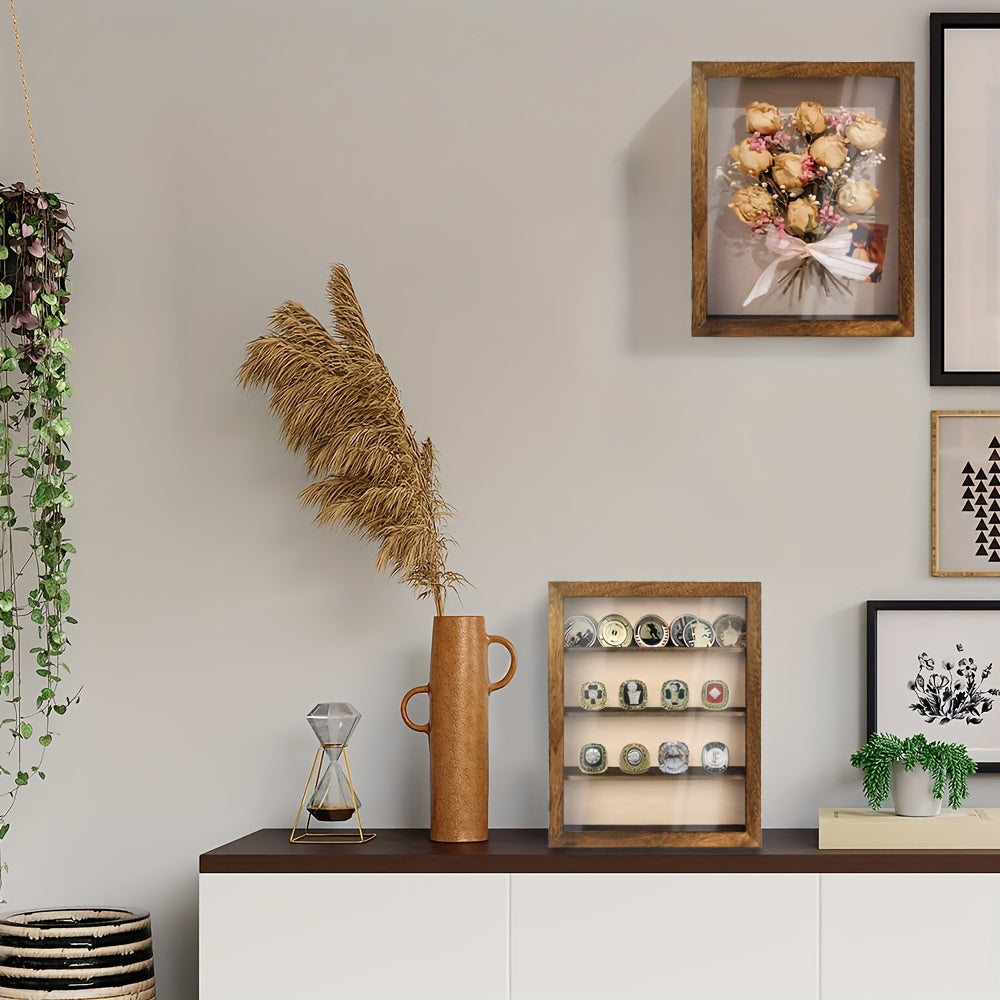 11x14 Large Country Memory Display Box Flowers, Pictures, Championship Rings, MEDALS, Coins, Pin Collection And More, Including 4 Removable Shelving Shadow Box Frames With Linen Back -