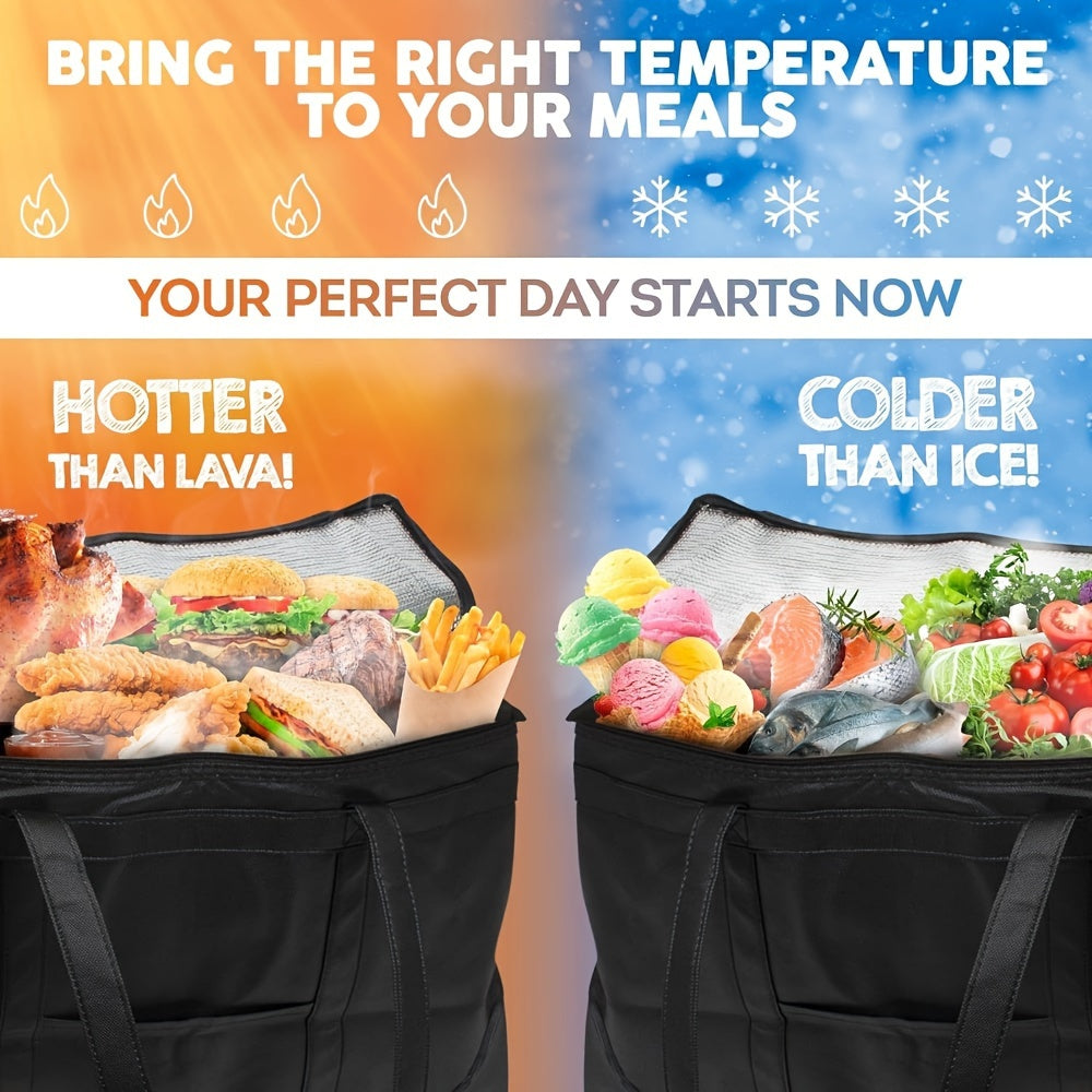 Two Extra Large Cooler Bags and Insulated Shopping Bags for Food Delivery, Foldable Cooler Bags. Reusable Shopping Bags with Zipper Top, Foldable, Heavy Duty, Can Stand Upright, Ornament Storage