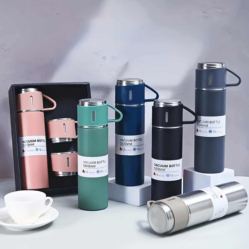 4pcs Including 3 Small Cups+1 Water Cup, Insulated Cup Set, Stainless Steel Bottle 500ml/ 16.9oz Insulated, Perfect for Hot and Cold Drinks, Perfect for Business and School Three Lid Portable Fashion Spot Business Event Gift Set Stainless