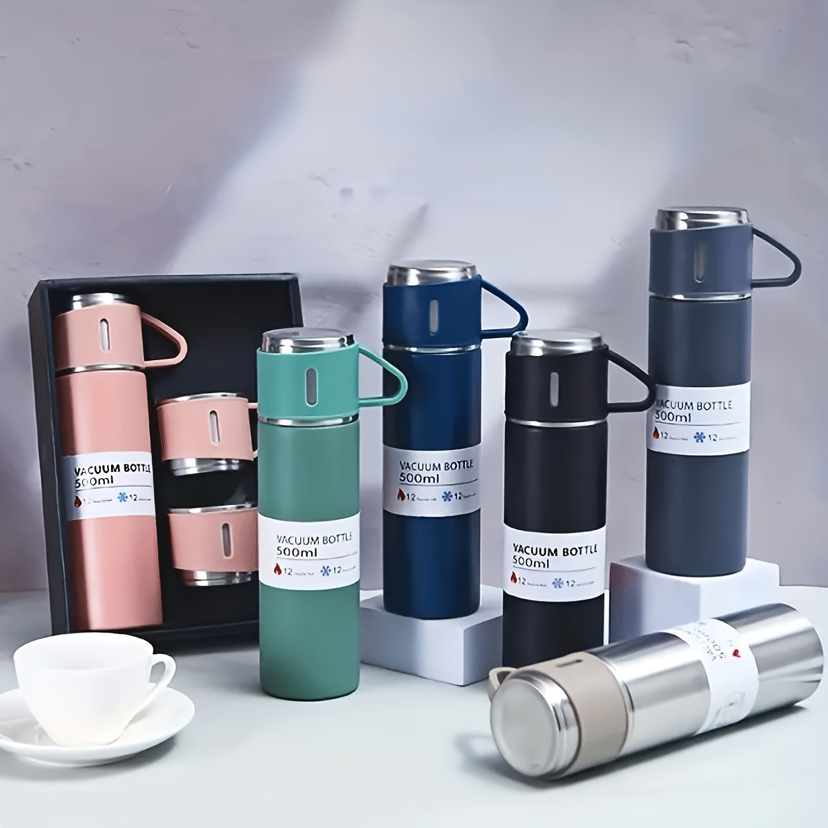 4pcs Including 3 Small Cups+1 Water Cup, Insulated Cup Set, Stainless Steel Bottle 500ml/ 16.9oz Insulated, Perfect for Hot and Cold Drinks, Perfect for Business and School Three Lid Portable Fashion Spot Business Event Gift Set Stainless